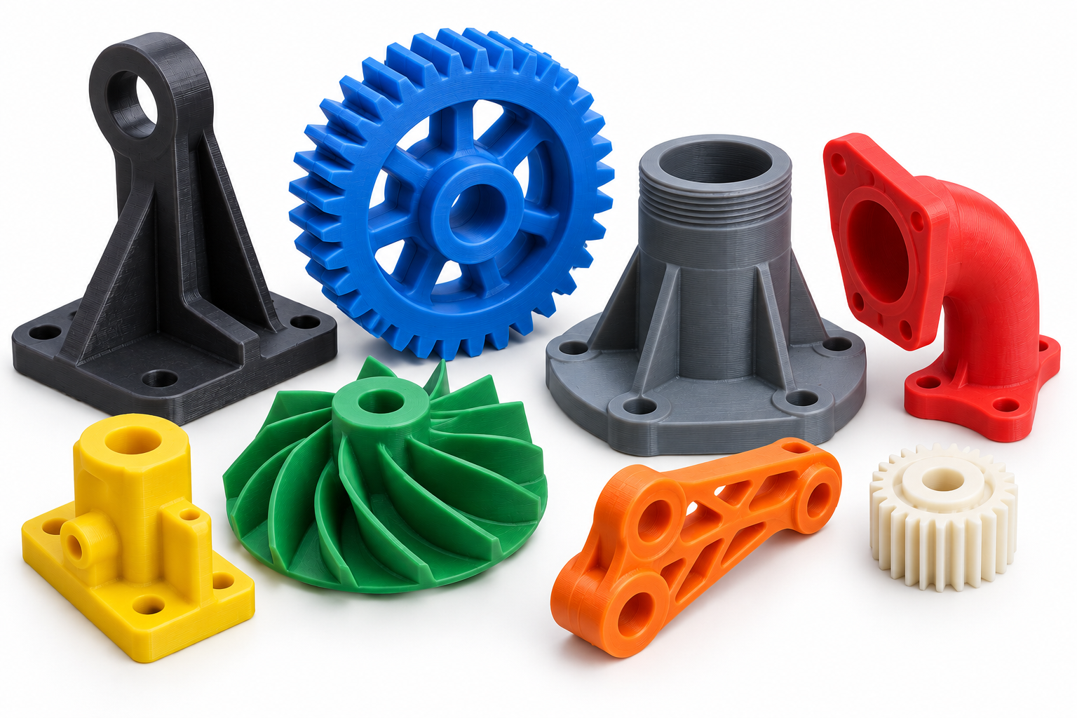 PLA 3D printed parts in blue, red, yellow, green, orange, grey, black and cream, including gears, a bracket, an elbow fitting, an impeller and a linkage arm