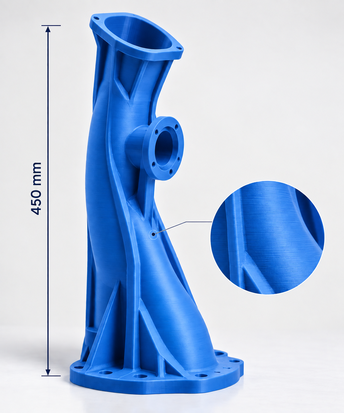 Blue PLA part printed as one piece 450mm tall, with a magnified inset showing the layer lines
