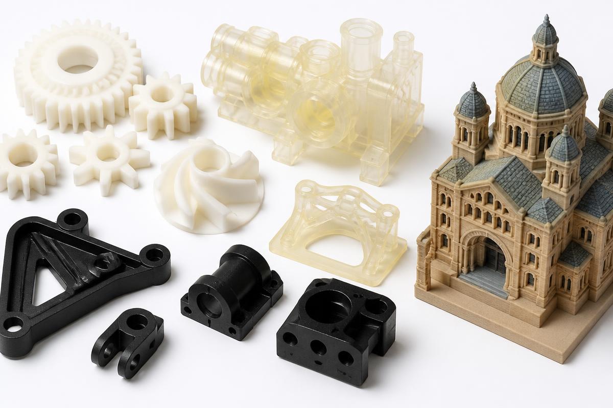 Assorted plastic 3D printed parts: nylon gears, resin prototypes, and ABS brackets