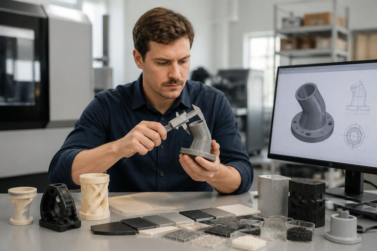 Engineer reviewing a 3D printed prototype and material samples for manufacturability