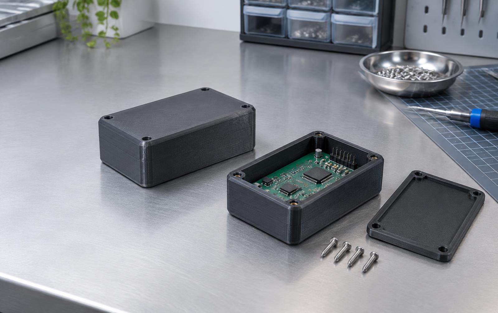 ABS electronics enclosure prototype mid-assembly with PCB and screws, beside a dropped twin showing a scuff but no crack