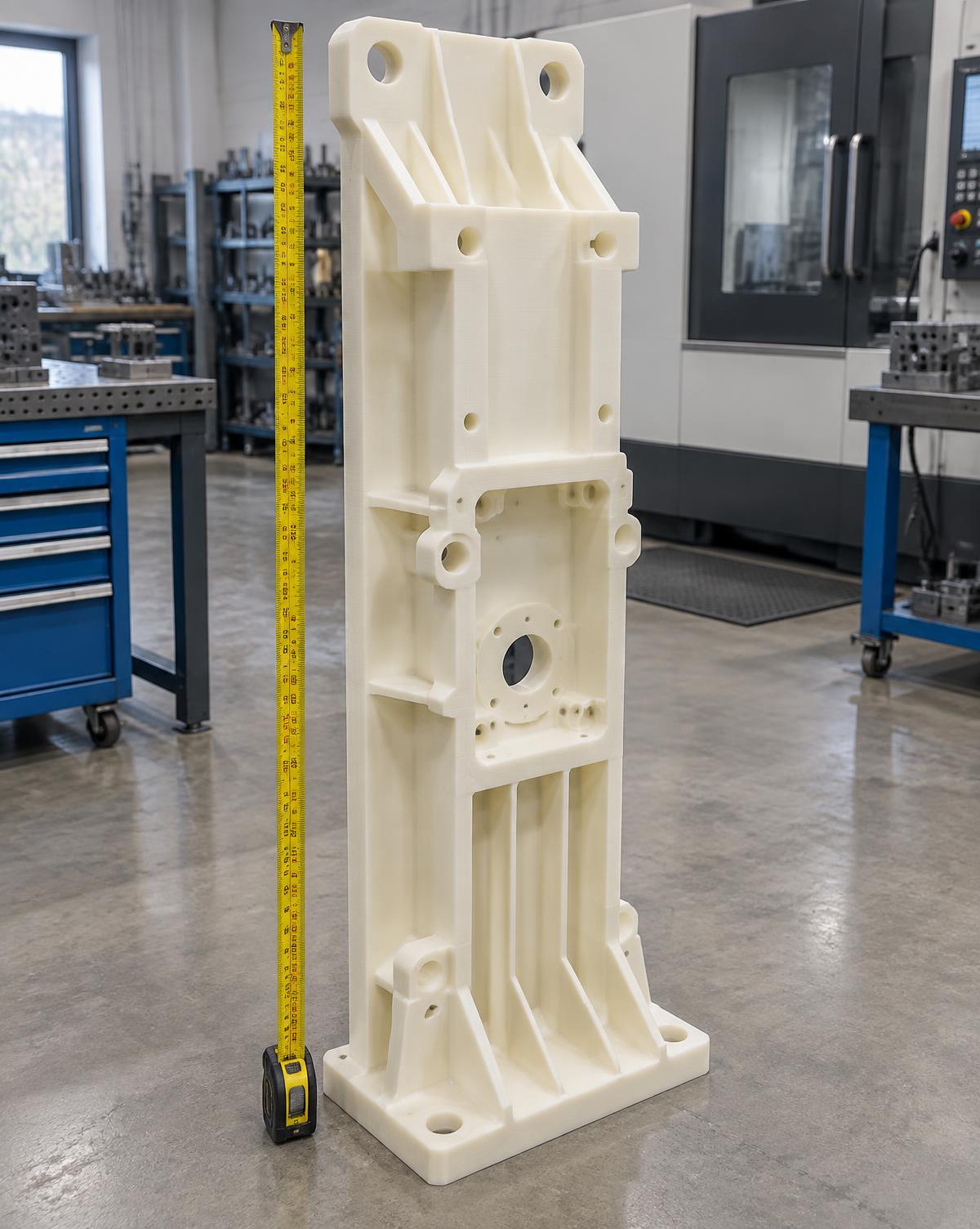 A 900mm-class ABS-M30i fixture base printed in one piece beside a tape measure