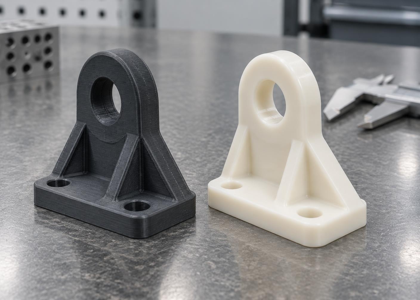 The same bracket in true FDM ABS with visible layer lines and smooth ABS-like SLA resin