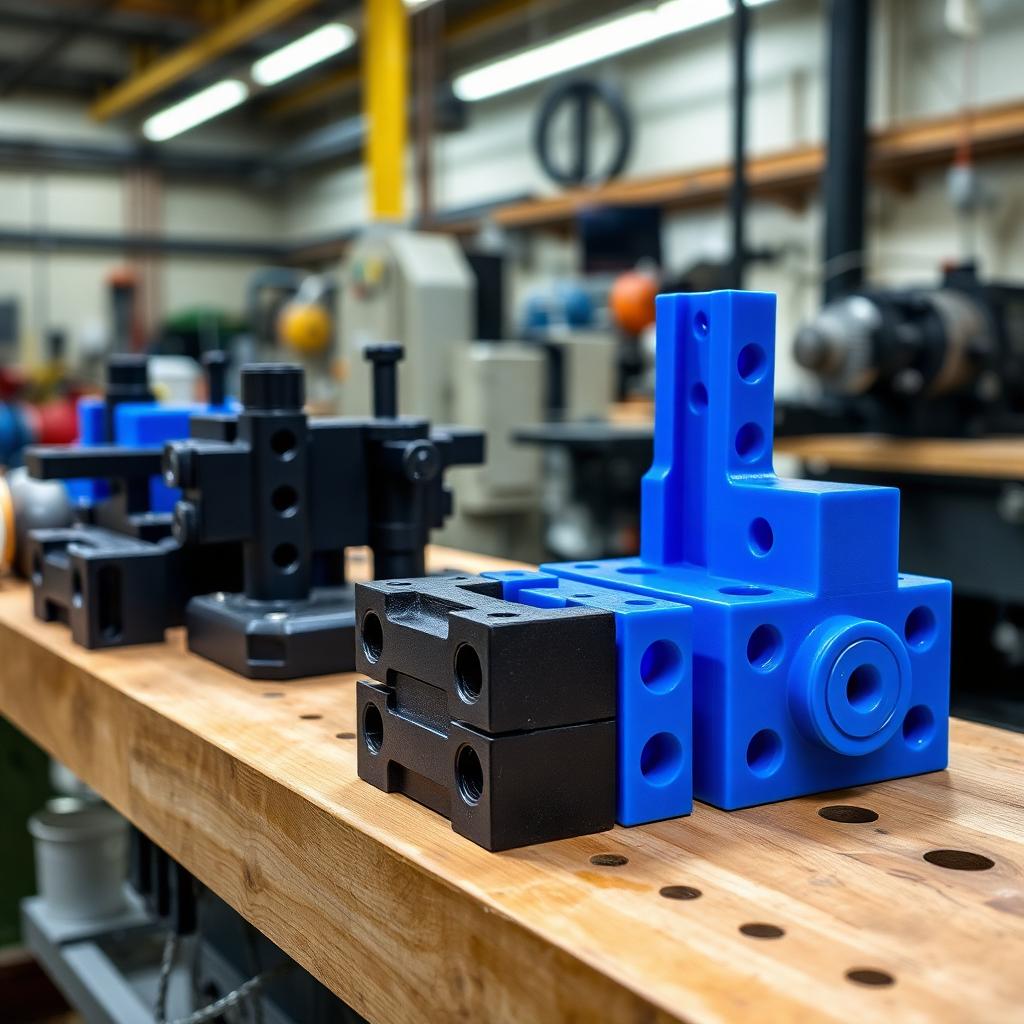 3D printed jigs and fixtures on a factory workbench