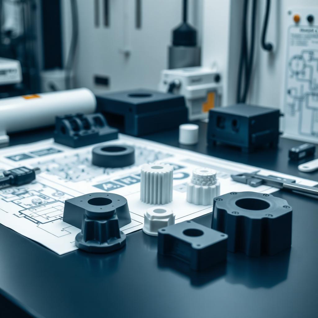 FDM 3D printed rapid prototype parts on an engineer's desk