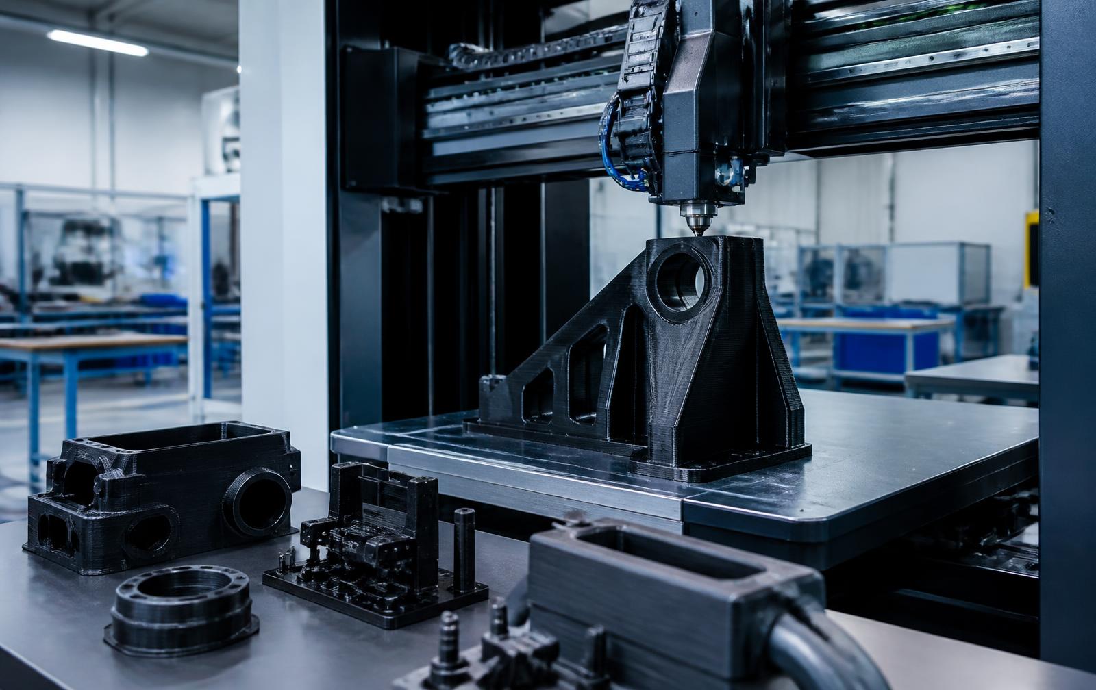 Industrial FDM 3D printer extruding an engineering-plastic bracket beside finished FDM jigs and housings