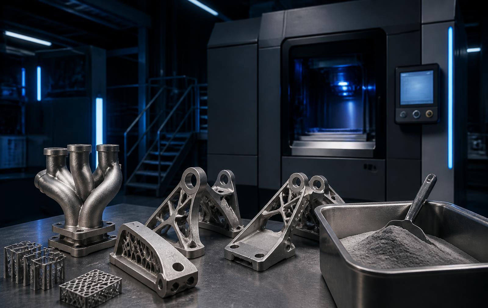 Metal 3D printed titanium and stainless steel parts beside an industrial laser powder bed fusion machine