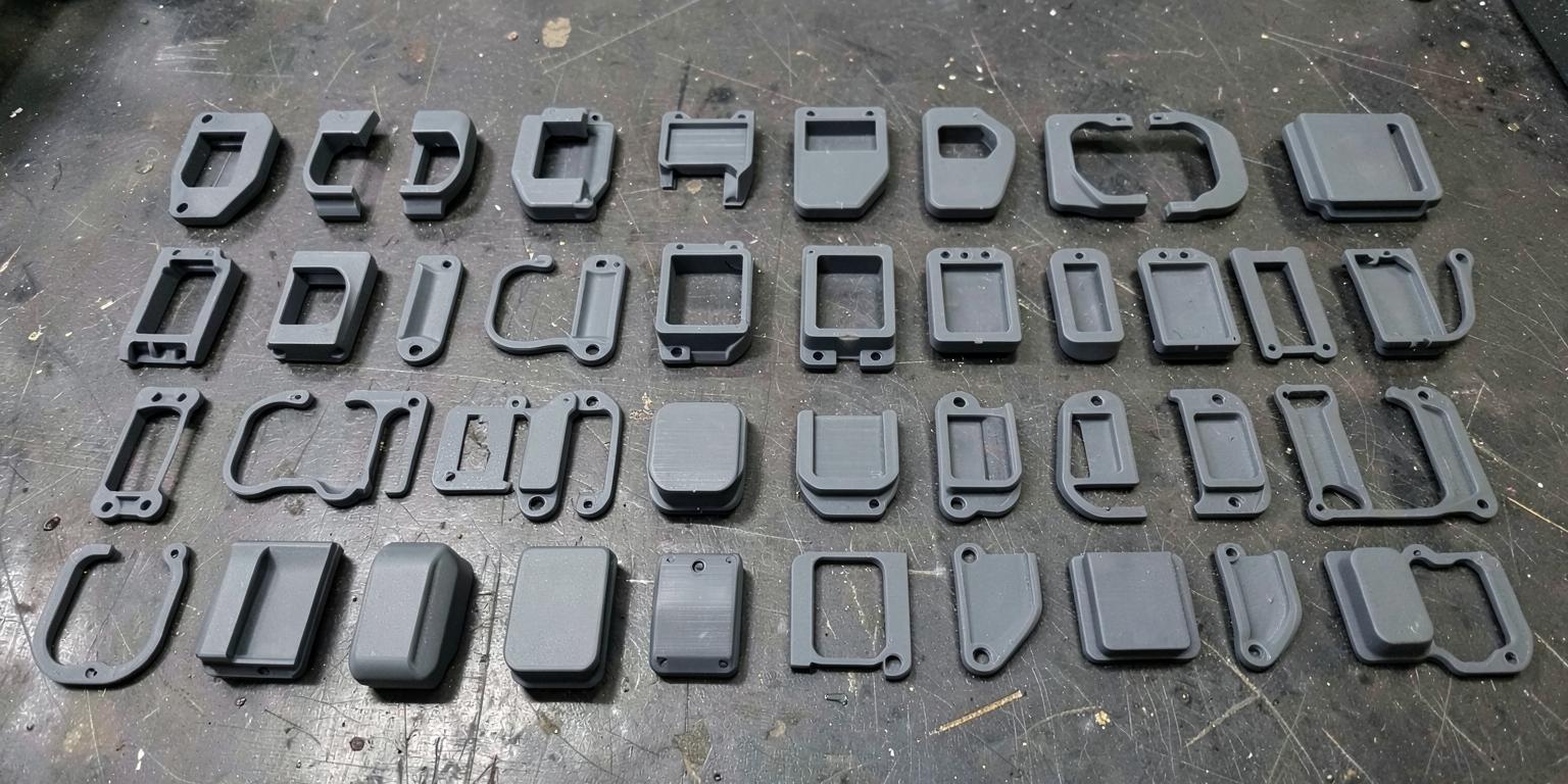 Production run of identical MJF 3D printed nylon parts arranged in rows