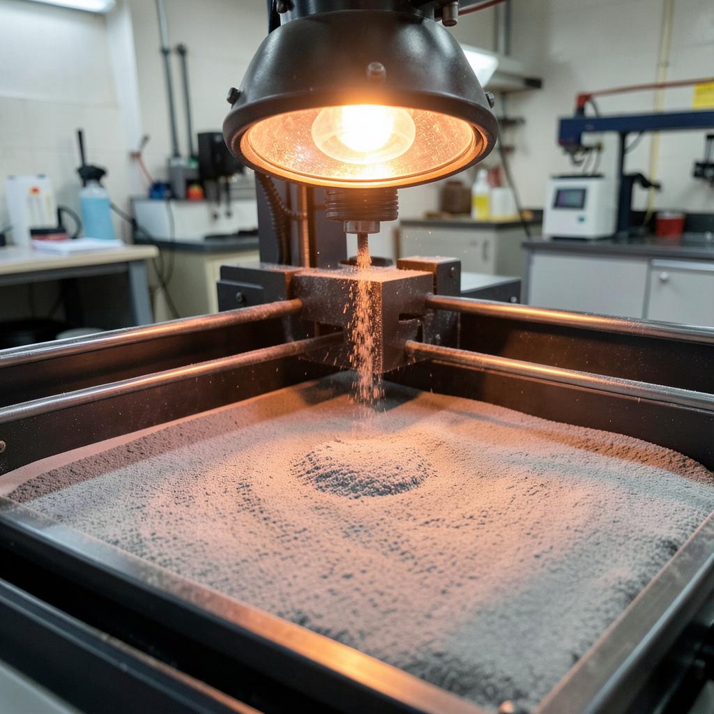 Infrared lamp fusing a jetted layer of nylon powder inside an MJF build chamber