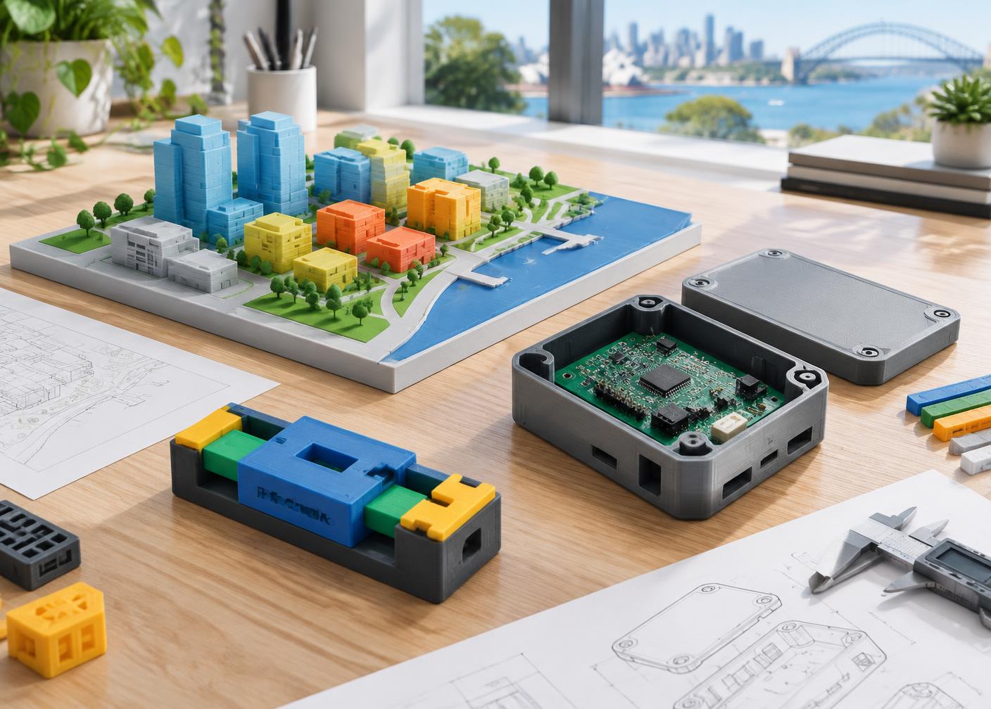 Colour-coded PLA architectural model and electronics enclosure fit-check