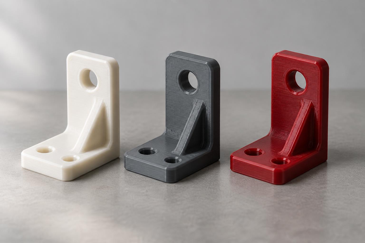 Three matching FDM printed brackets standing side by side: cream PLA, dark grey ABS and deep red ASA