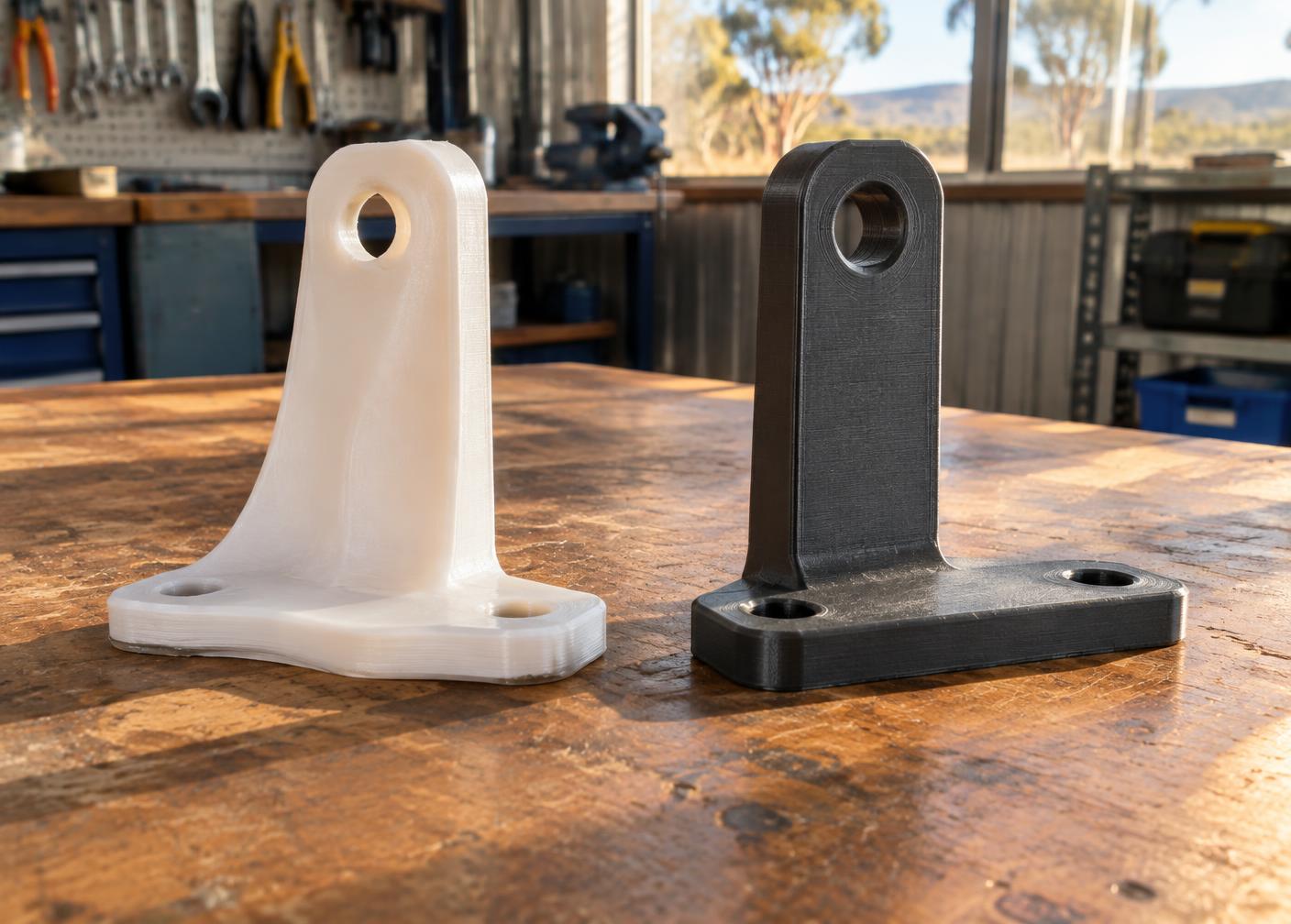 Heat-exposed PLA bracket beside an intact ASA bracket on a workshop bench