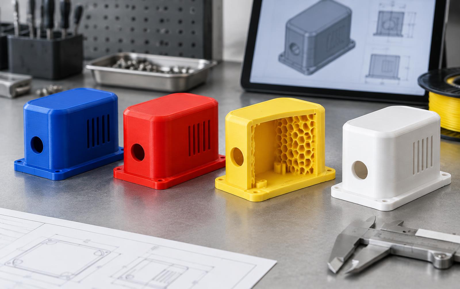 Four coloured PLA concept housings with one cutaway showing wall and infill structure