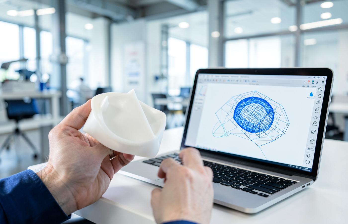 Engineer holding a white PolyJet printed part next to a laptop showing the matching CAD model