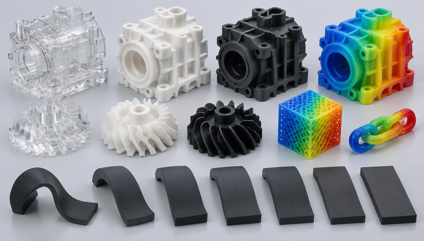 PolyJet clear, rigid, multicolour and rubber-like material samples