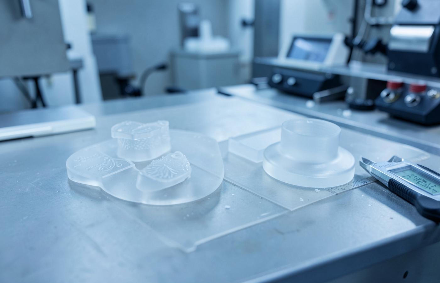 Material jetting printed frosted acrylic and castable wax pattern parts beside digital calipers on a workbench