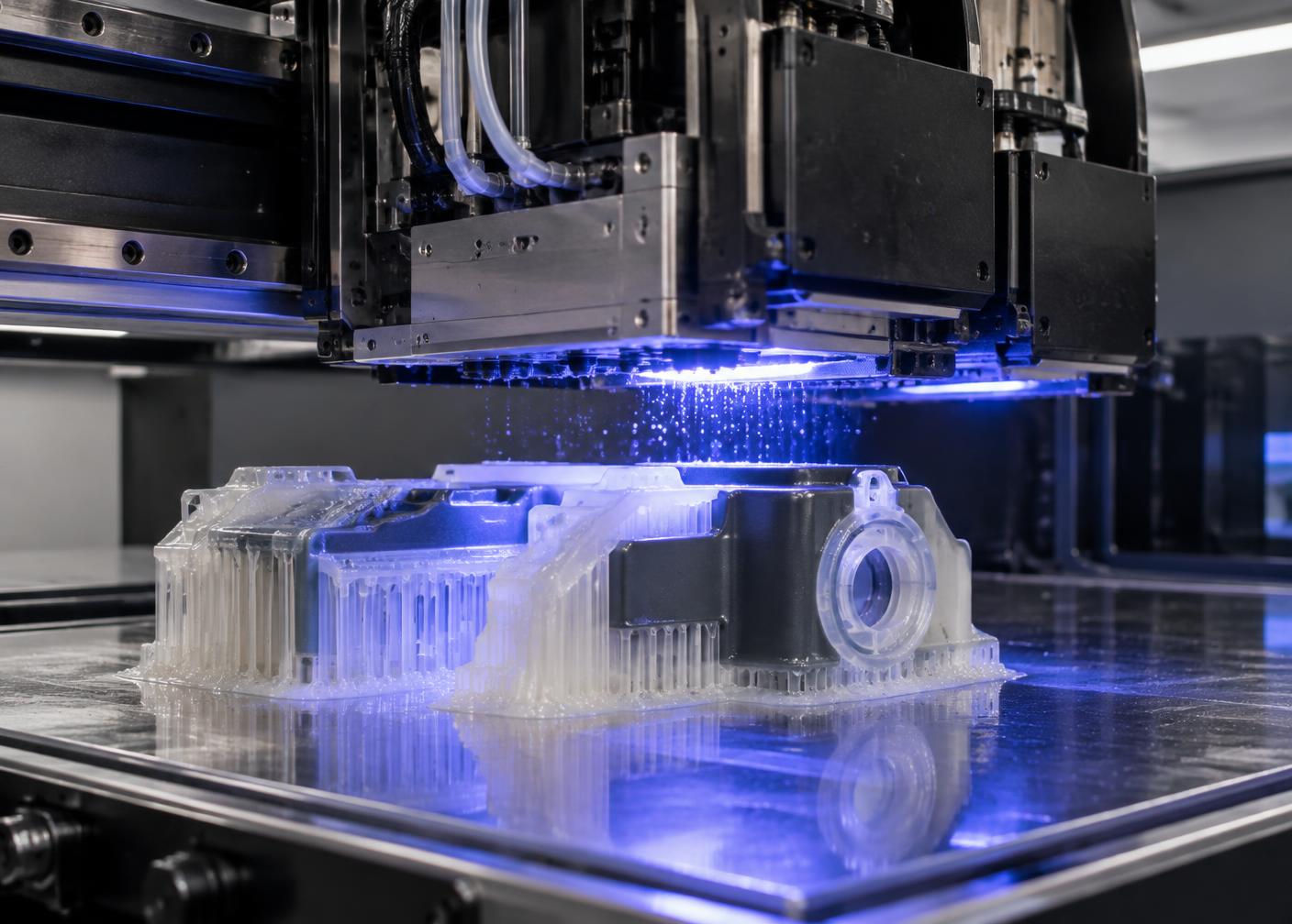 PolyJet print heads jetting photopolymer while UV light cures the part