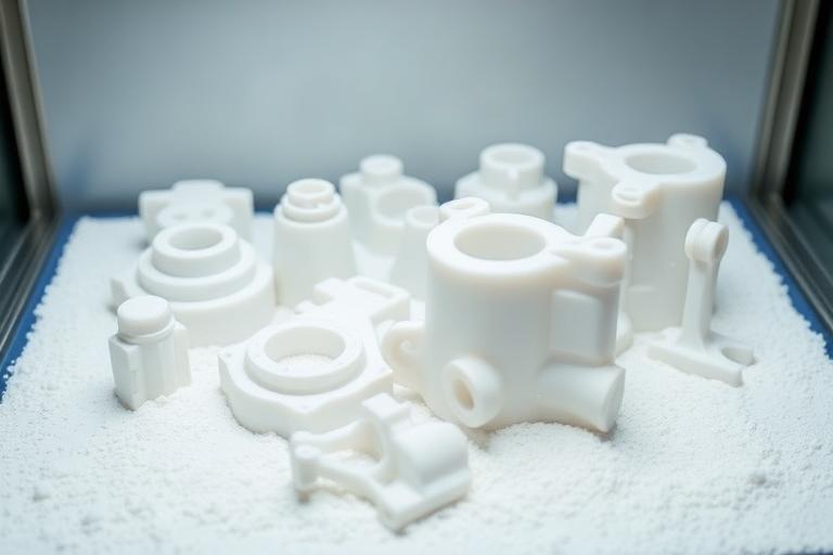 Complex white nylon SLS parts resting in a polymer powder bed