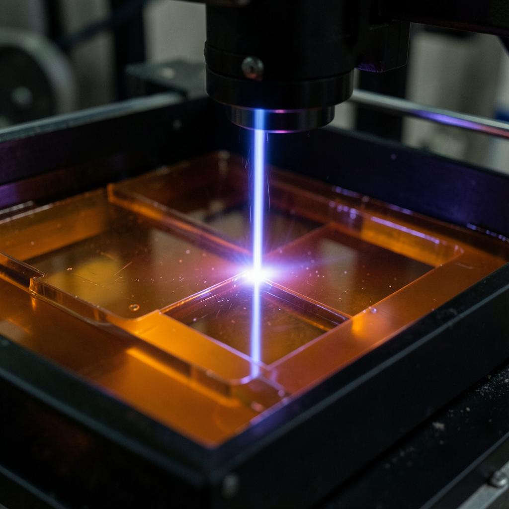 UV laser curing liquid photopolymer resin inside an SLA resin vat