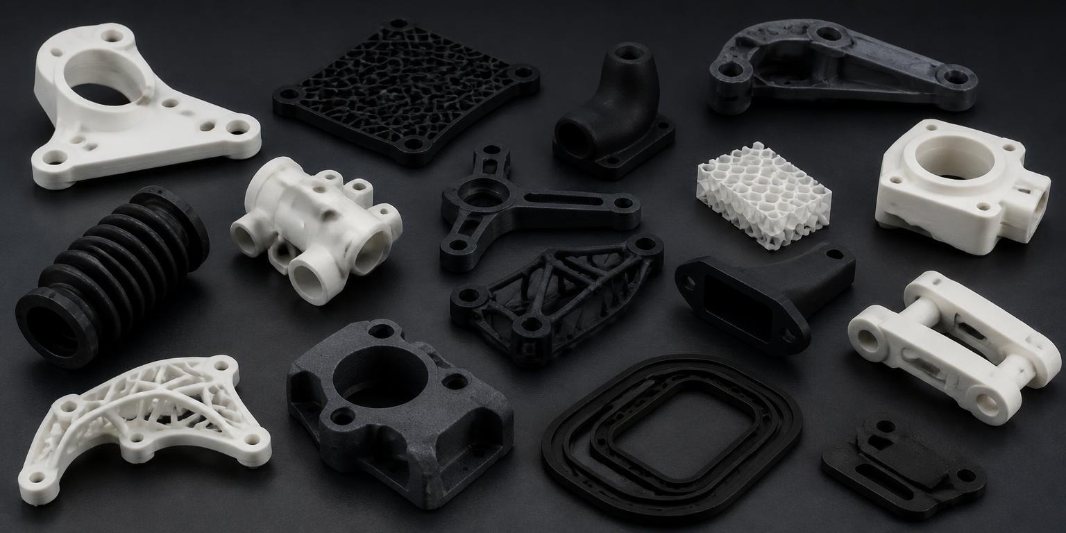 Range of SLS 3D printed nylon, carbon-filled and flexible elastomer parts
