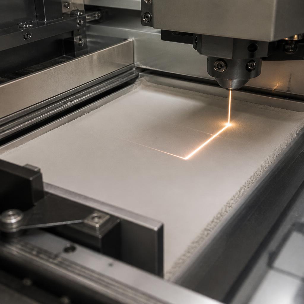 Laser fusing a layer of nylon powder inside a heated SLS build chamber