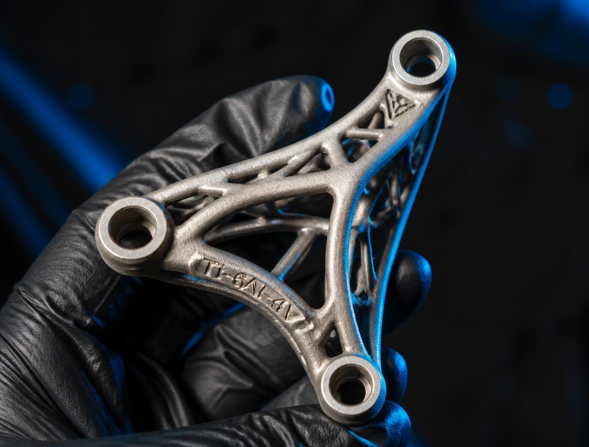 Titanium DMLS metal 3D printed lattice bracket held in a gloved hand