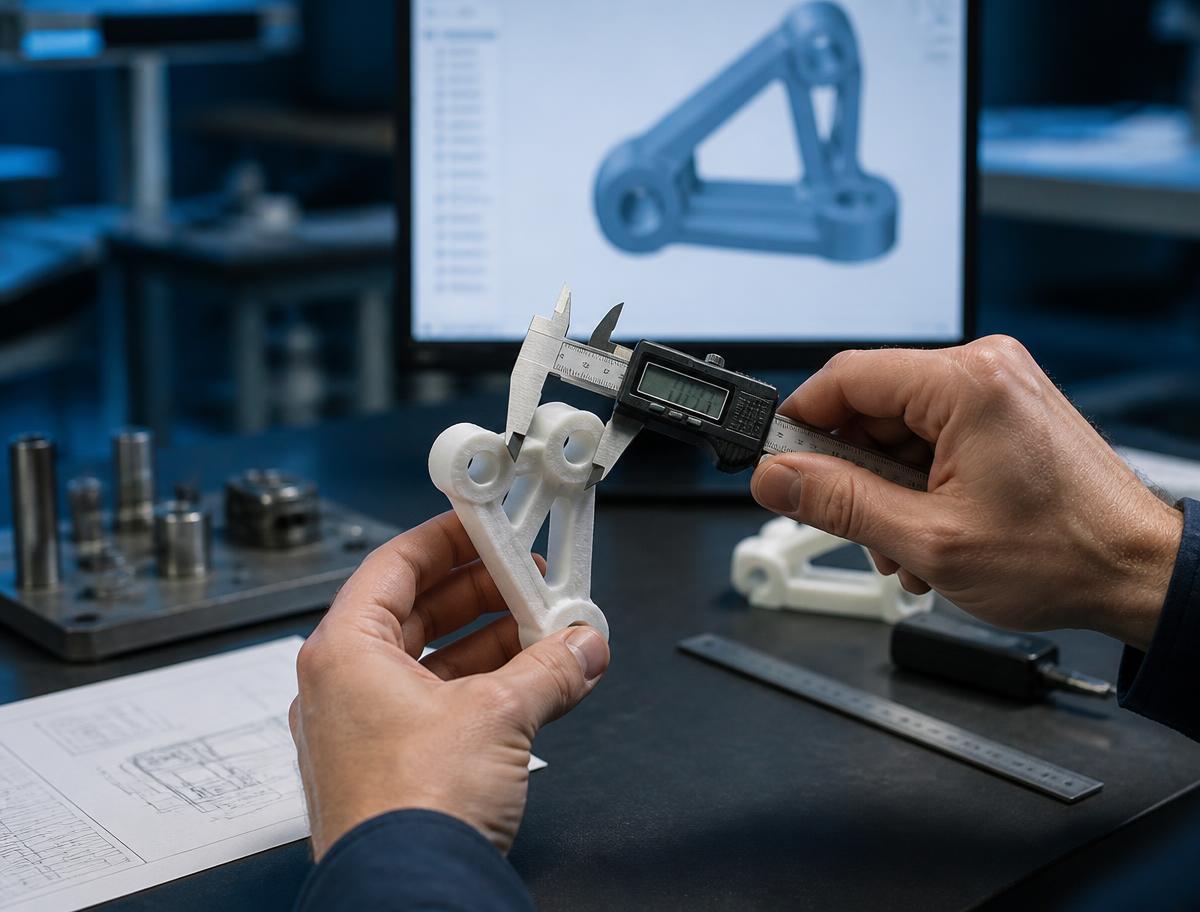 Engineer measuring a 3D printed prototype bracket with digital calipers